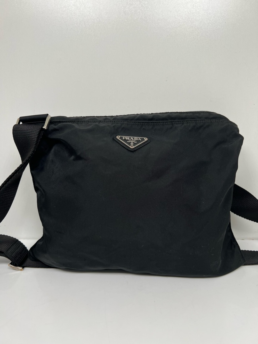 AUTHENTIC PRADA NYLON CROSSBODY ZIPPER BAG, BLACK